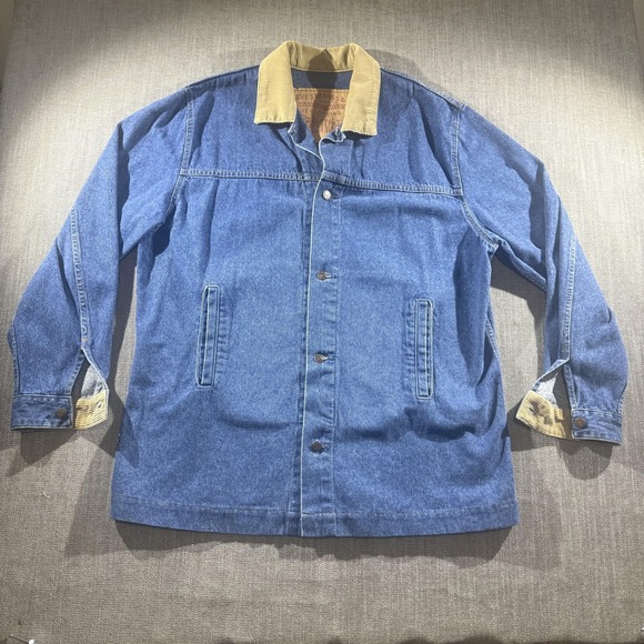 Vintage Levis Denim Barn Chore Jacket Mens XL Blue Tan Corduroy Collar USA 90s